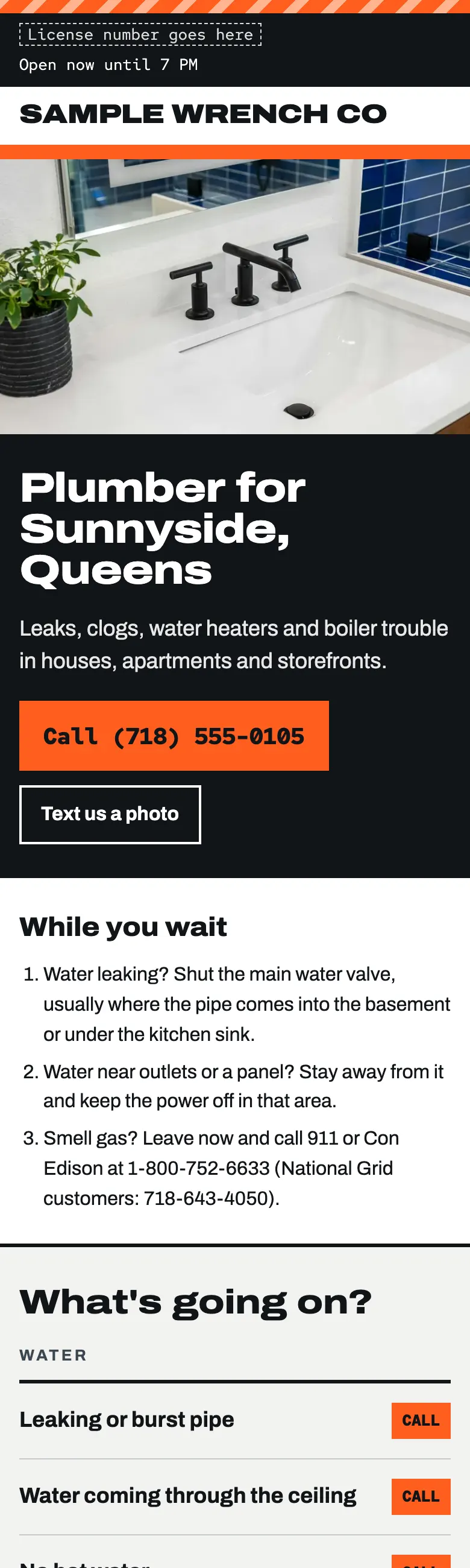 Top of the sample site for Sample Wrench Co, a made-up plumber