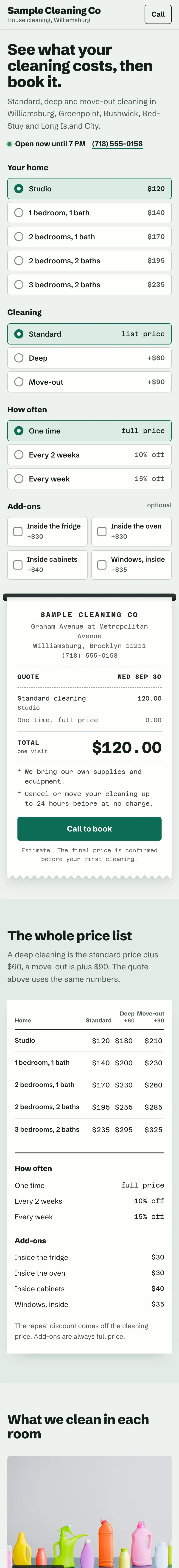 Sample website for a made-up house cleaner