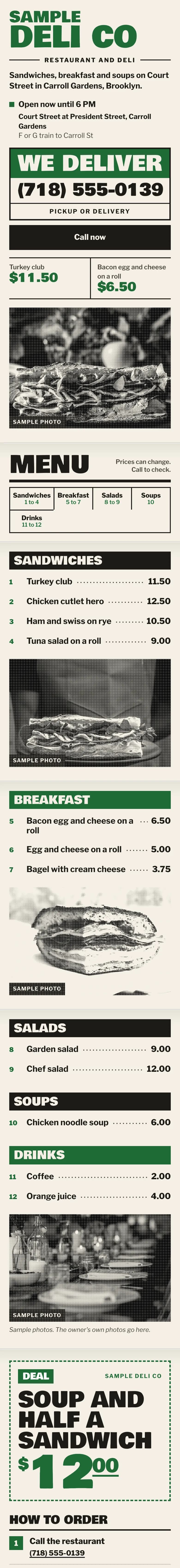 Sample website for a made-up deli
